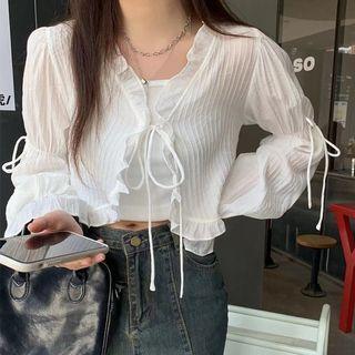 Bell-sleeve Tie-front Ruffled Jacket