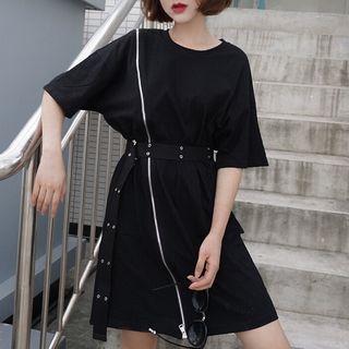 Elbow-sleeve Zip-up A-line Dress