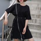 Elbow-sleeve Zip-up A-line Dress