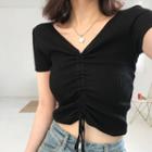 Short-sleeve Drawcord Crop Knit Top