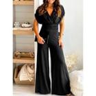 Short Sleeve V Neck Plain Wide Leg Jumpsuit