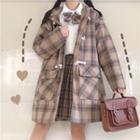 Hooded Plaid Toggle Coat Padded - Khaki - One Size