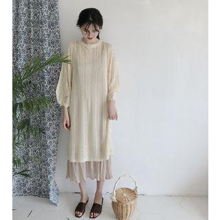 Ruffle Hem Open Knit Long Sleeve Midi Dress