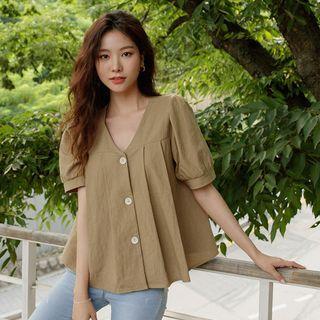 Puff-sleeve V-neck Pleated Blouse