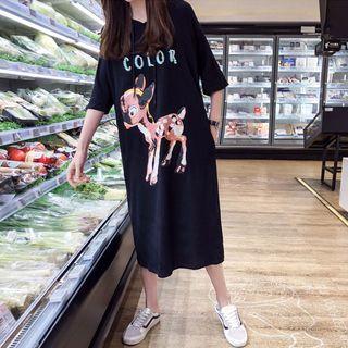 Elbow-sleeve Deer Print Midi Hoodie Dress