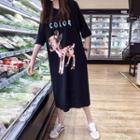Elbow-sleeve Deer Print Midi Hoodie Dress