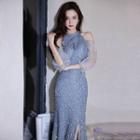 Cold-shoulder Sequin Sheath Evening Gown