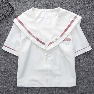 Short-sleeve Shirt / Plaid Mini A-line Skirt / Bow Tie / Neck Tie / Suspender