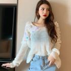 Sequined Open Back Long-sleeve Knit Top White - One Size
