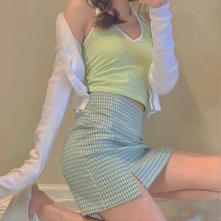 Contrast Trim Halter Top / Plaid Mini A-line Skirt / Cardigan