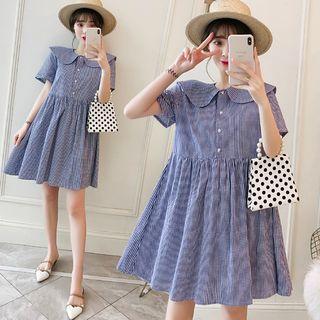 Plaid Short-sleeve Peter-pan-collar Dress