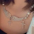 Faux Crystal Wings Faux Pearl Cross Pendant Layered Necklace