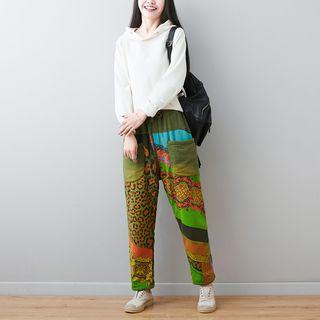 Ethnic Patterned Fleece-lined Pants Greenish Yellow - One Size