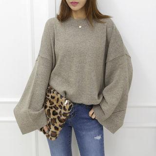 Wide-sleeve Punched Wool Blend Knit Top