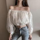 Dotted Off-shoulder Puff-sleeve Chiffon Crop Top