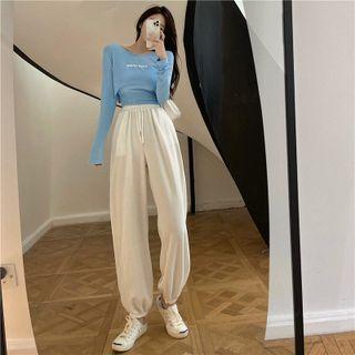Long-sleeve Lettering Print Crop Top / Camisole Top / Sweatpants / Set
