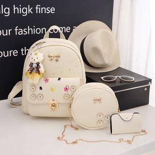 Set: Flower Detail Faux Leather Backpack + Circle Crossbody Bag + Wallet