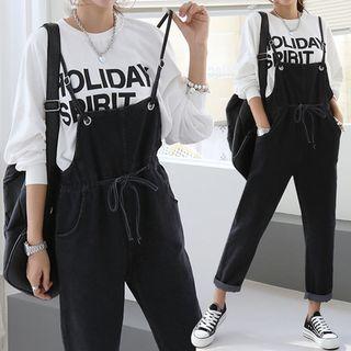 Spaghetti-strap Overall Jeans Black - One Size