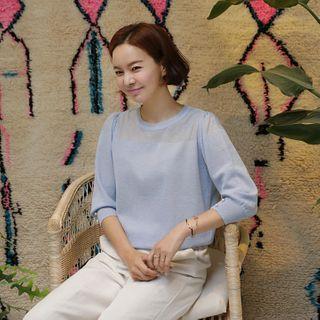 Puff-sleeve Sheer-yoke Knit Top