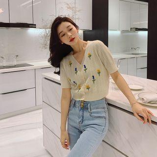 V-neck Embroider Floral Button-up Cardigan Almond - One Size