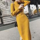 Long-sleeve Ribbed Knit Midi Sheath Dress