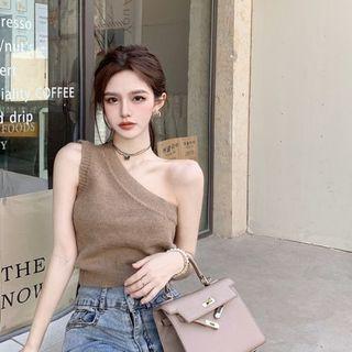 One-shoulder Crop Knit Tank Top Khaki - One Size