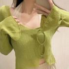 Set: Camisole Top + Flared-cuff Crop Cardigan Set Of 2 - Camisole Top & Cardigan - Green - One Size