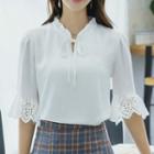 Eyelet Lace Cuff Elbow-sleeve Chiffon Blouse