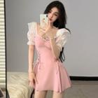 Puff-sleeve Asymmetrical Drawstring Swimdress