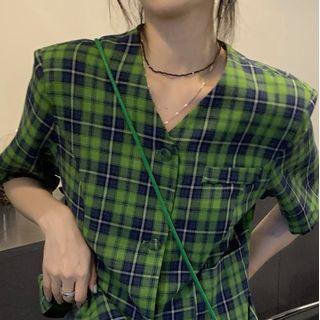 Short-sleeve Plaid Top Plaid - Green & Blue - One Size