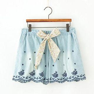 Embroidered Tie-waist Denim Shorts