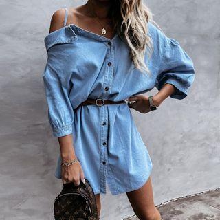 Cold-shoulder Denim Mini Shirtdress