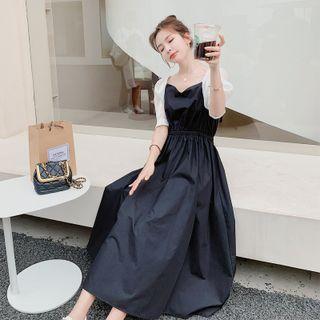 Short Sleeve Square Neck Two Tone Cutout-back A-line Dress