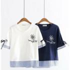 Strip Panel Embroidered Elbow-sleeve T-shirt