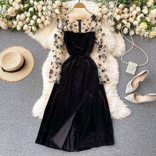 Floral Long-sleeve Velvet A-line Dress