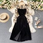 Floral Long-sleeve Velvet A-line Dress