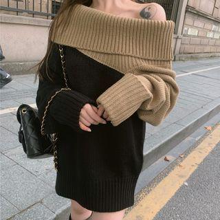Off Shoulder Paneled Sweater Paneled - Khaki & Black - One Size