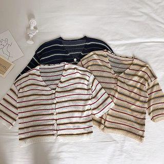 Single-breasted Striped V-neck Knit Short-sleeve Top