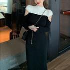 Long-sleeve Cutout Two Tone Knit Dress