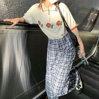 Short-sleeve Knit Polo Shirt / Plaid Wide Leg Pants