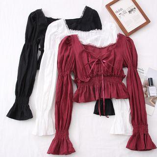 Lace-trim Bell-sleeve Crop Blouse