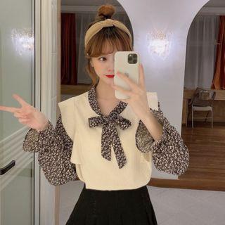 Mock Two-piece Long-sleeve Floral Print Tie-neck Blouse