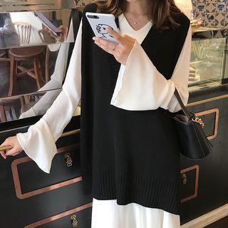 V-neck Plain Knit Vest / Long-sleeve Plain Long Dress