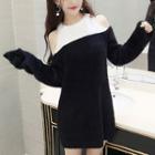 Cold-shoulder Two-tone Mini Sweater Dress Black & White - One Size