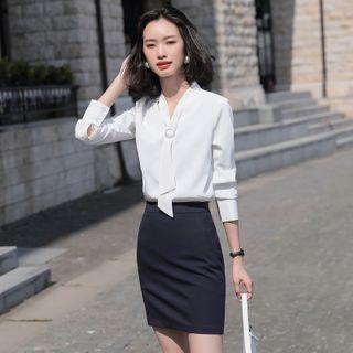 Tie-neck Blouse / Dress Pants / Pencil Skirt / Set