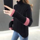 High-neck Color Block Cable Knit Sweater
