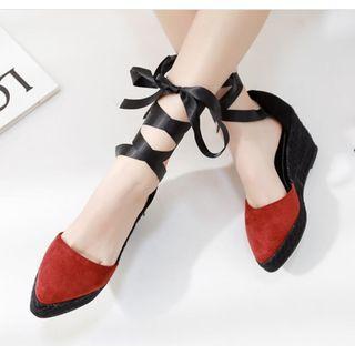 Two Tone Lace-up Wedge Pumps