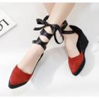 Two Tone Lace-up Wedge Pumps