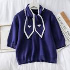 Heart-print Tie-neckline Knit Top Blue - One Size