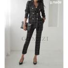 Set: Double-breasted Check Blazer + Straight-cut Pants